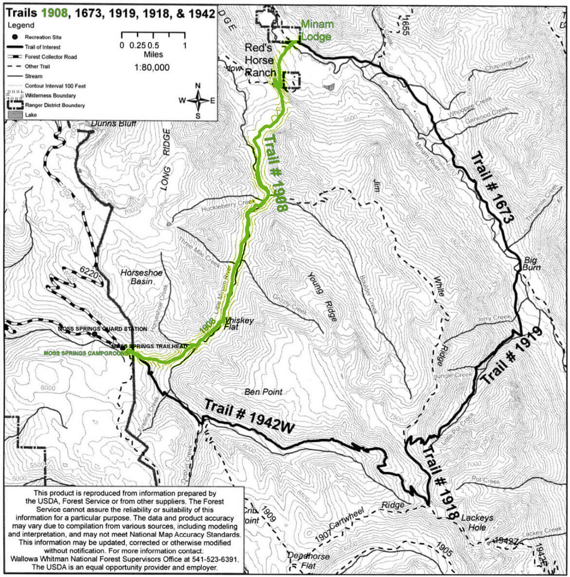 Map showing the route from Moss Springs Trailhead to Minam River Lodge via Horse Ranch Trail #1908