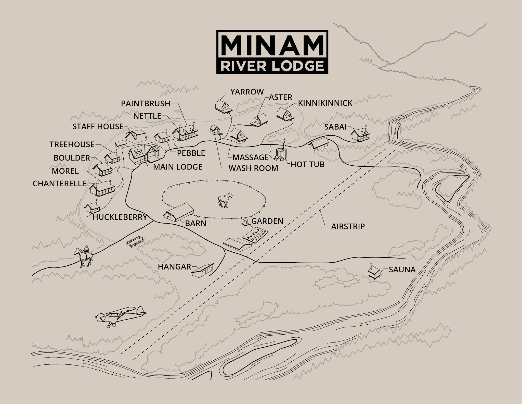 Illustrated map of the Minam River Lodge property