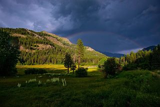 A rainbow in a dark, cloudy sky.